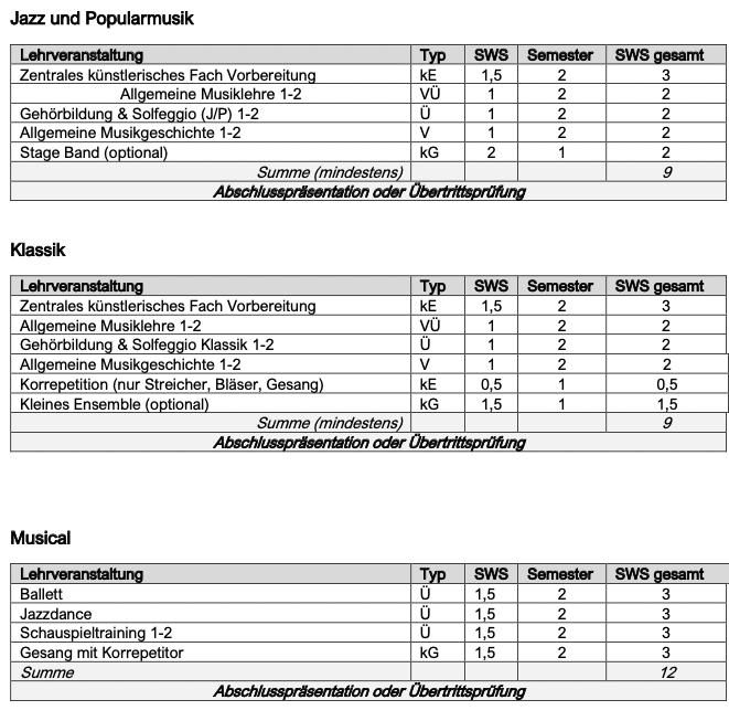 Lehrpläne Vorstudium