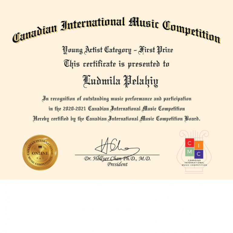 Ludmila Pelahiy gewinnt ersten Preis bei Canadian International Music Competition 2020-2021